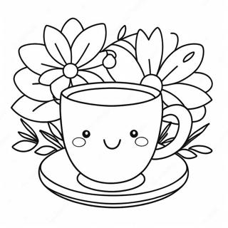 صفحه رنگ‌آمیزی فنجان چای بامزه با گل صفحات رنگ‌آمیزی
